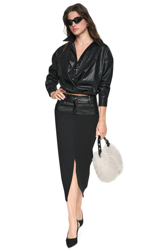 MIXED MEDIA SPLIT FRONT MIDI SKIRT - Black | DKNY