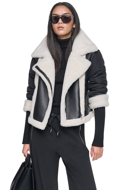 PUFF SLEEVE FAUX SHEARLING JACKET - Black/Black | DKNY