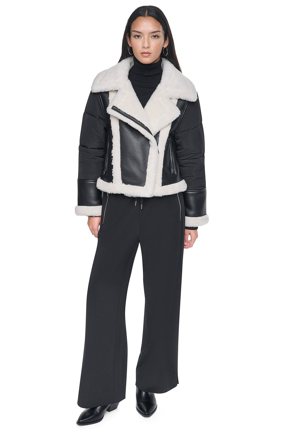 PUFF SLEEVE FAUX SHEARLING JACKET - Black/Black | DKNY