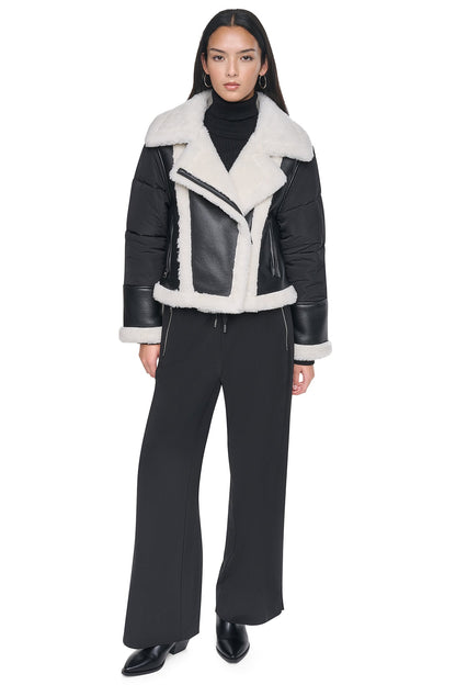 PUFF SLEEVE FAUX SHEARLING JACKET - Black/Black | DKNY