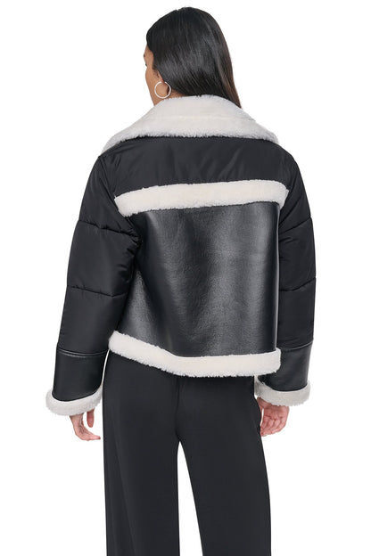 PUFF SLEEVE FAUX SHEARLING JACKET - Black/Black | DKNY