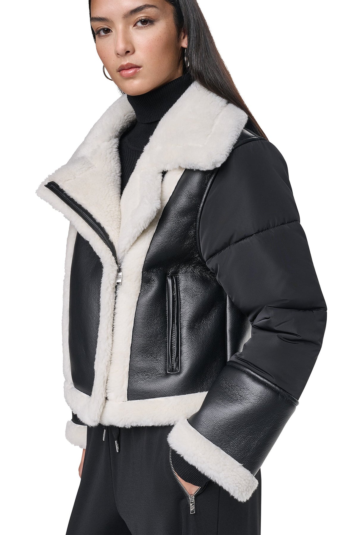 PUFF SLEEVE FAUX SHEARLING JACKET - Black/Black | DKNY