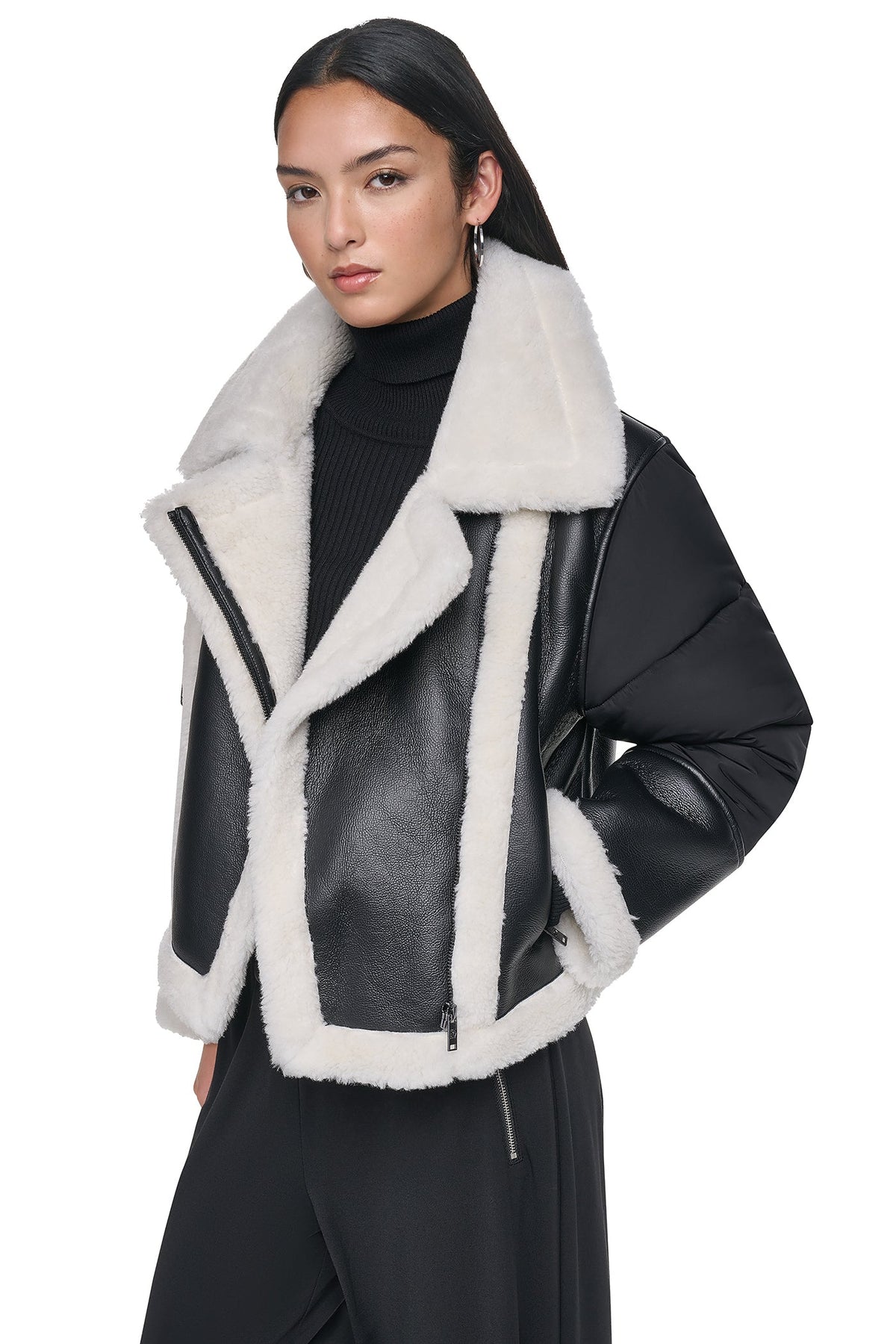 PUFF SLEEVE FAUX SHEARLING JACKET - Black/Black | DKNY