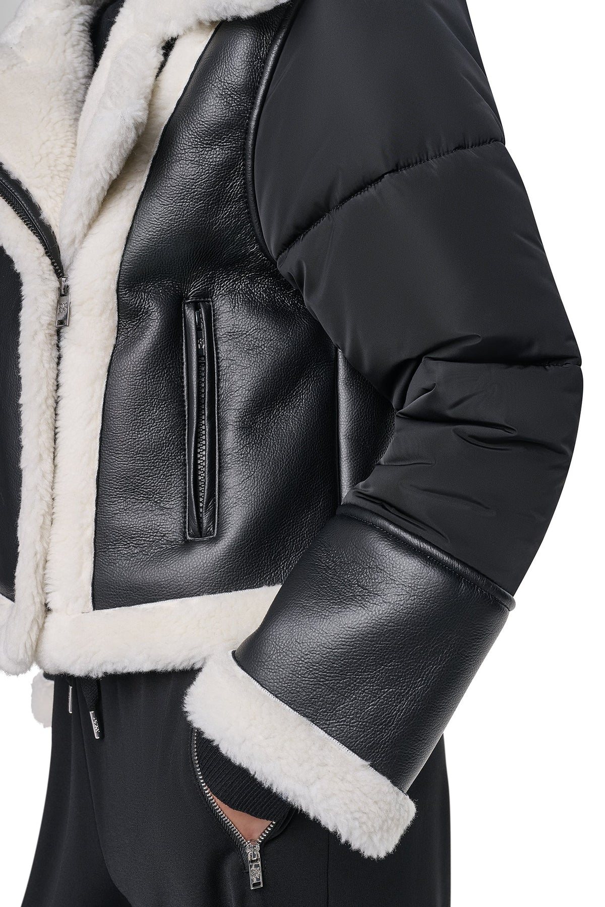 PUFF SLEEVE FAUX SHEARLING JACKET - Black/Black | DKNY