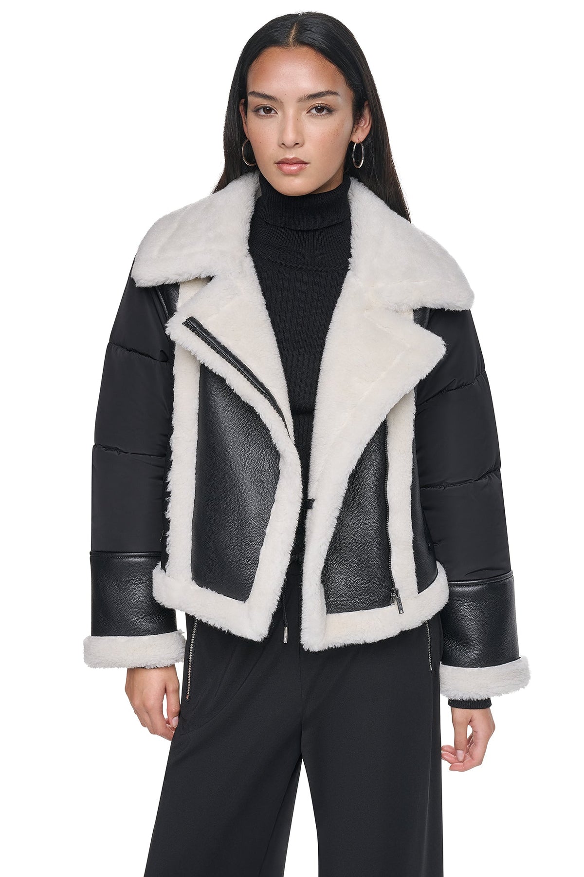 PUFF SLEEVE FAUX SHEARLING JACKET - Black/Black | DKNY