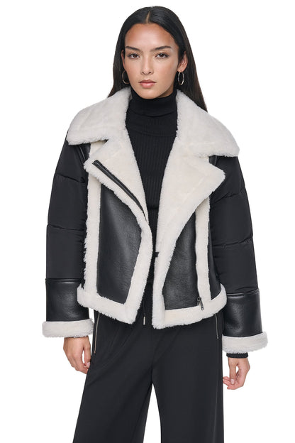 PUFF SLEEVE FAUX SHEARLING JACKET - Black/Black | DKNY