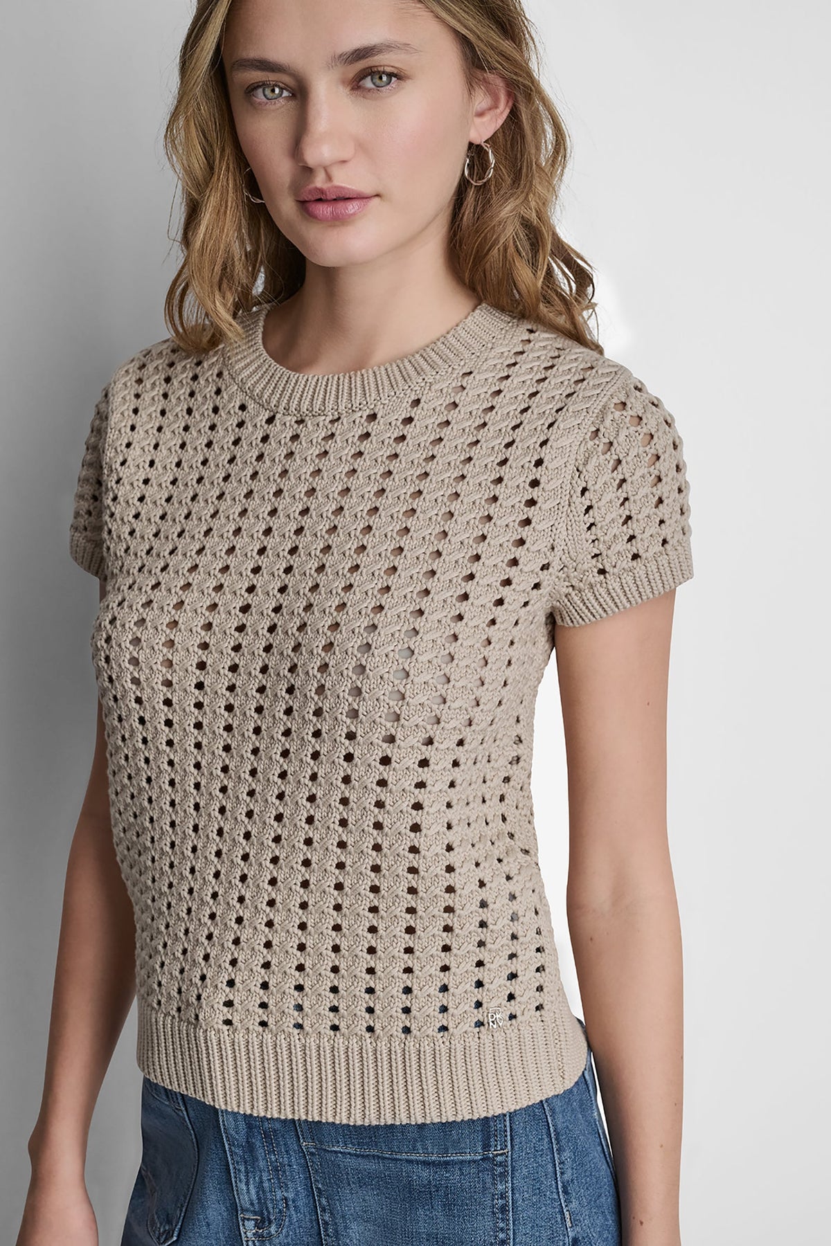 CHUNKY POINTELLE SHORT SLEEVE SWEATER - Pastel Yellow | DKNY