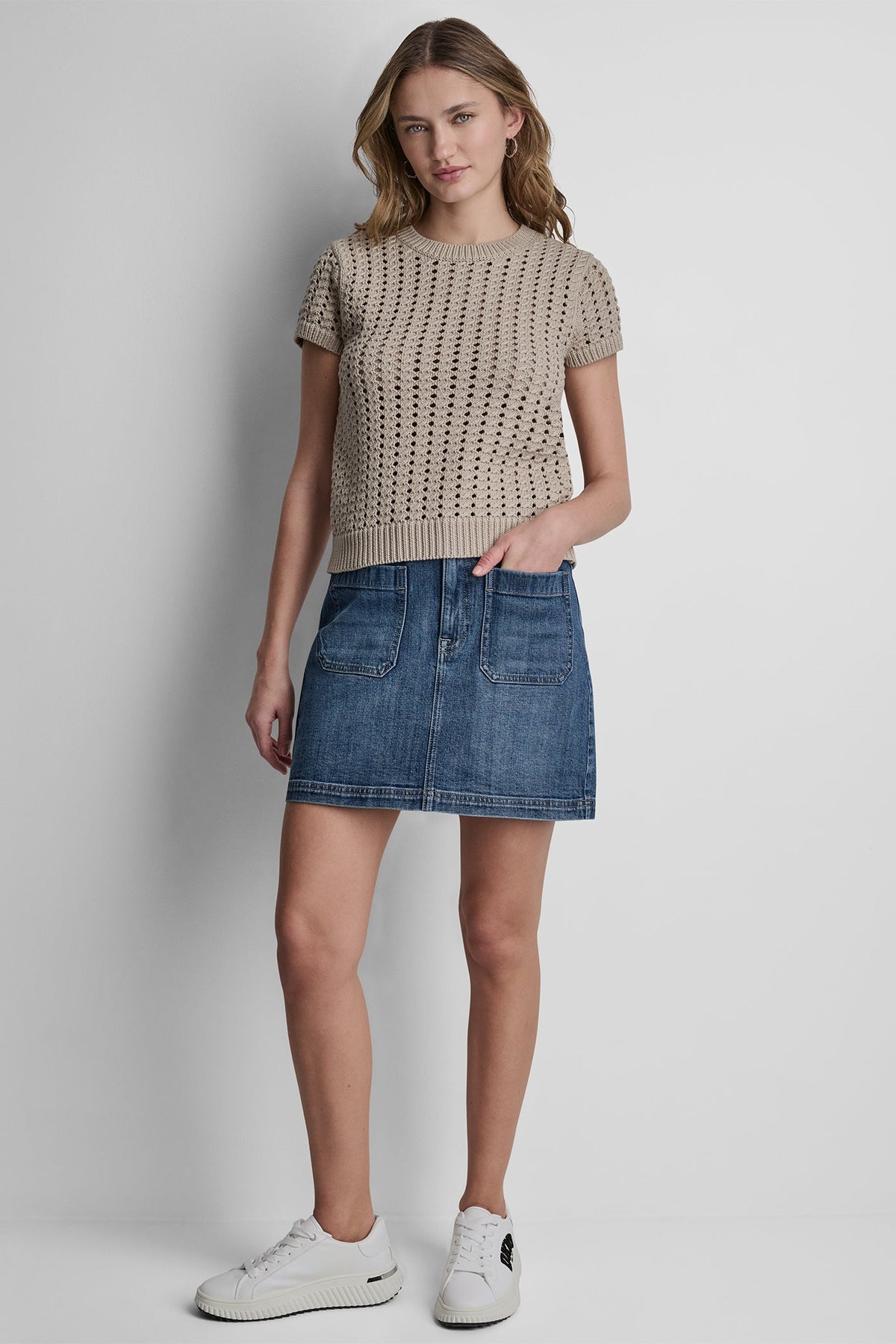 CHUNKY POINTELLE SHORT SLEEVE SWEATER - Pastel Yellow | DKNY