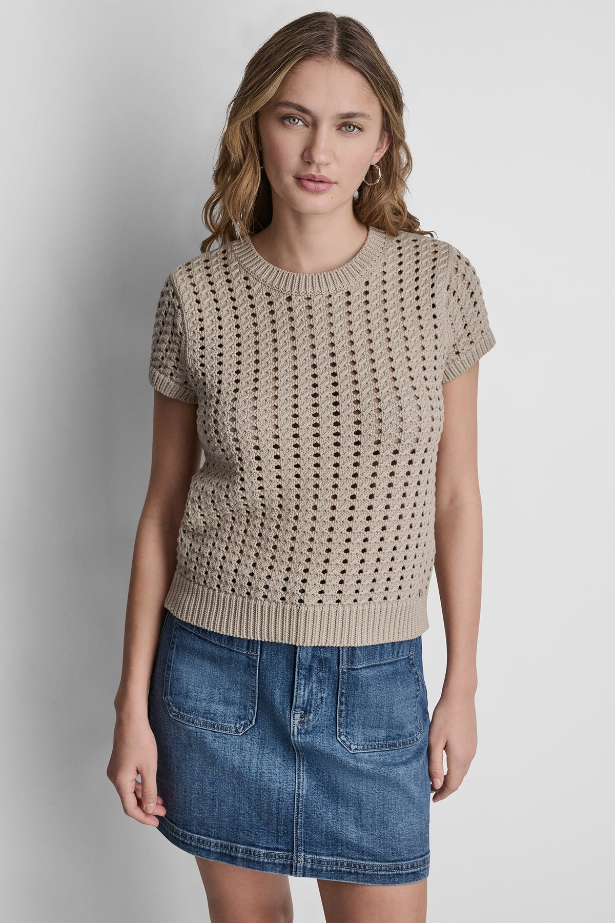 CHUNKY POINTELLE SHORT SLEEVE SWEATER - Pastel Yellow | DKNY