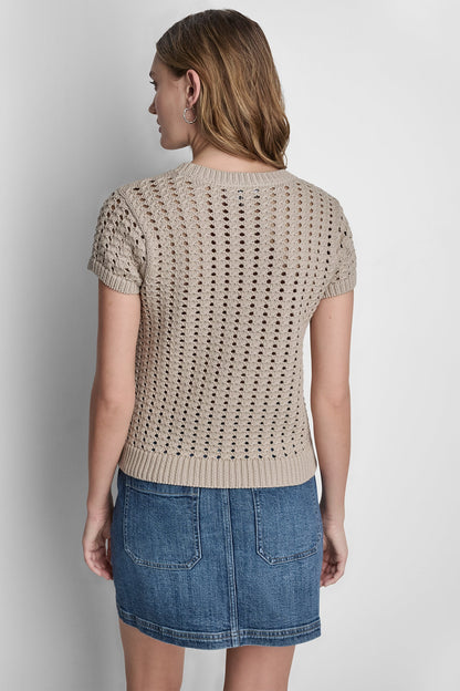 CHUNKY POINTELLE SHORT SLEEVE SWEATER - Eggnog | DKNY