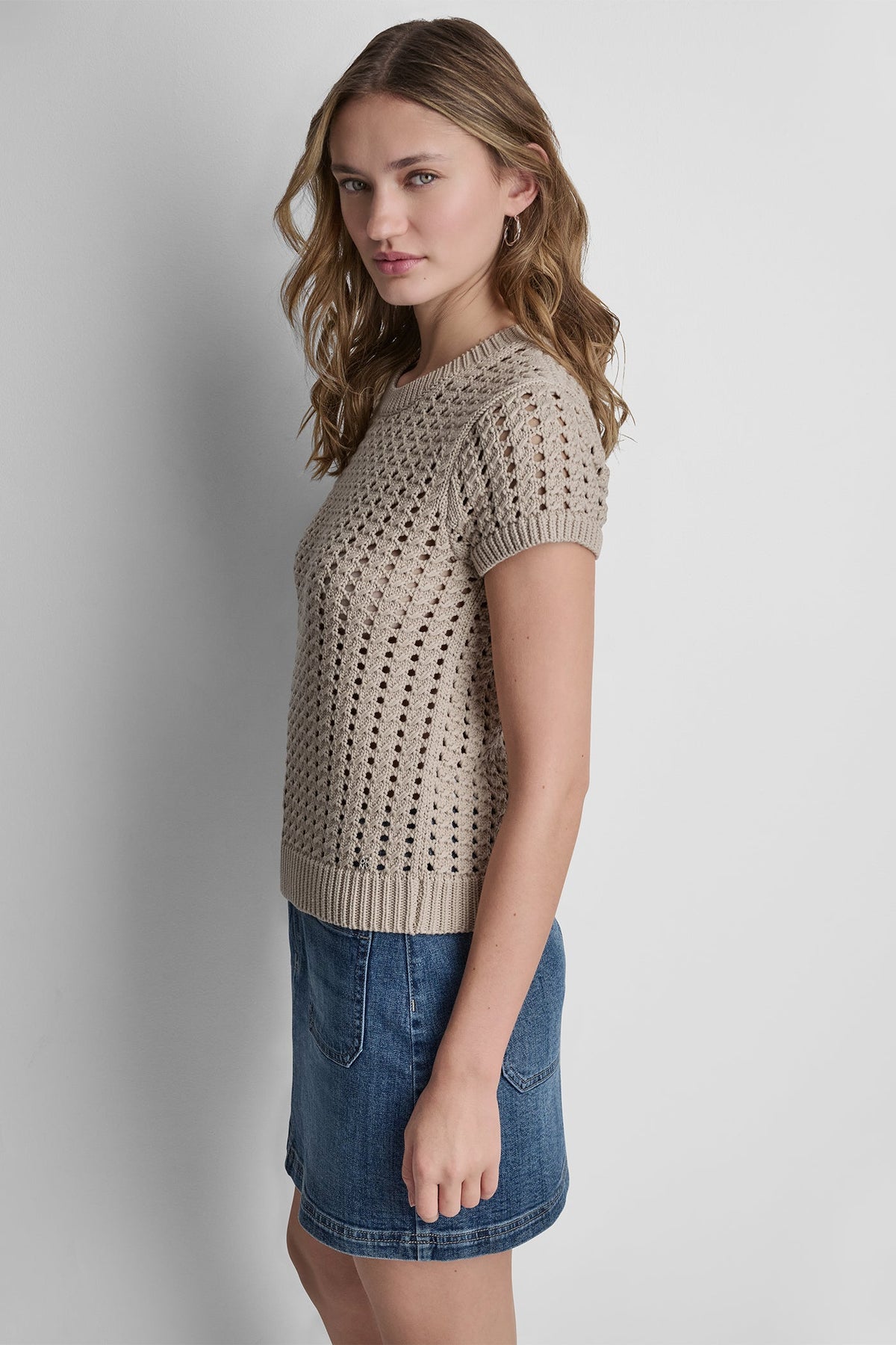 CHUNKY POINTELLE SHORT SLEEVE SWEATER - Eggnog | DKNY