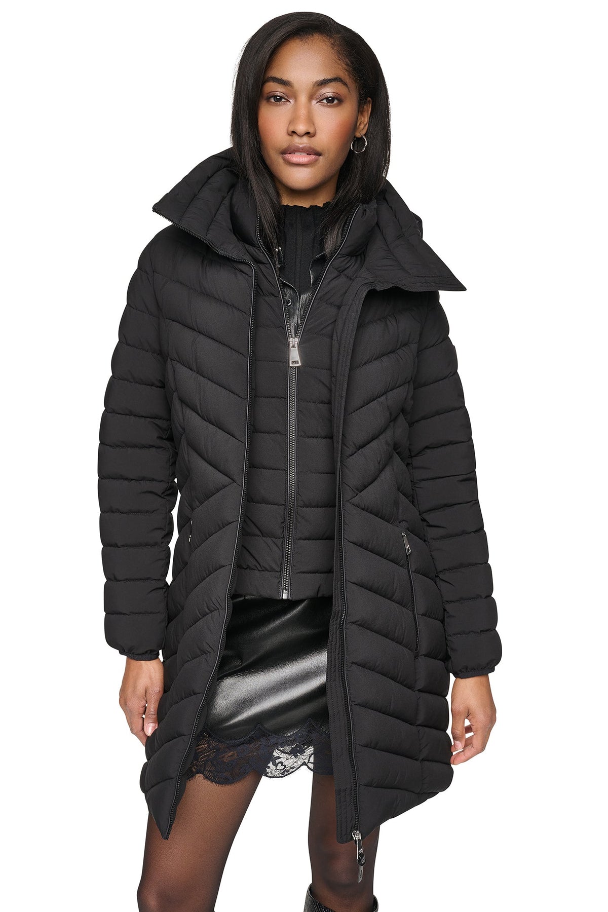 HOODED STAND COLLAR PUFFER - Pearl | DKNY