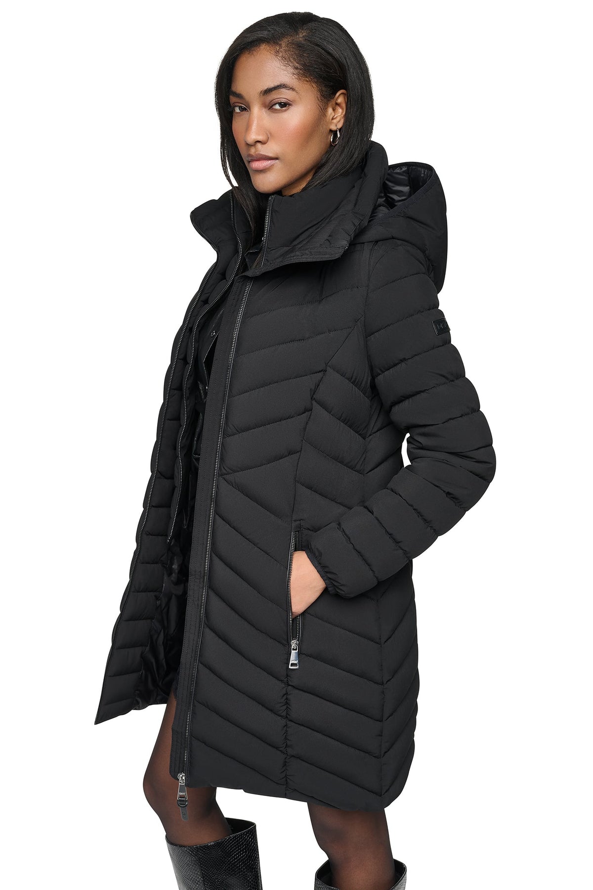 HOODED STAND COLLAR PUFFER - Pearl | DKNY