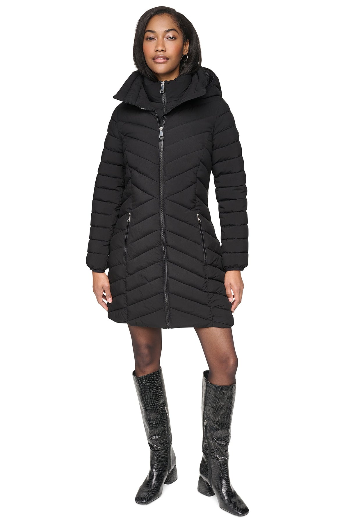 HOODED STAND COLLAR PUFFER - Pearl | DKNY