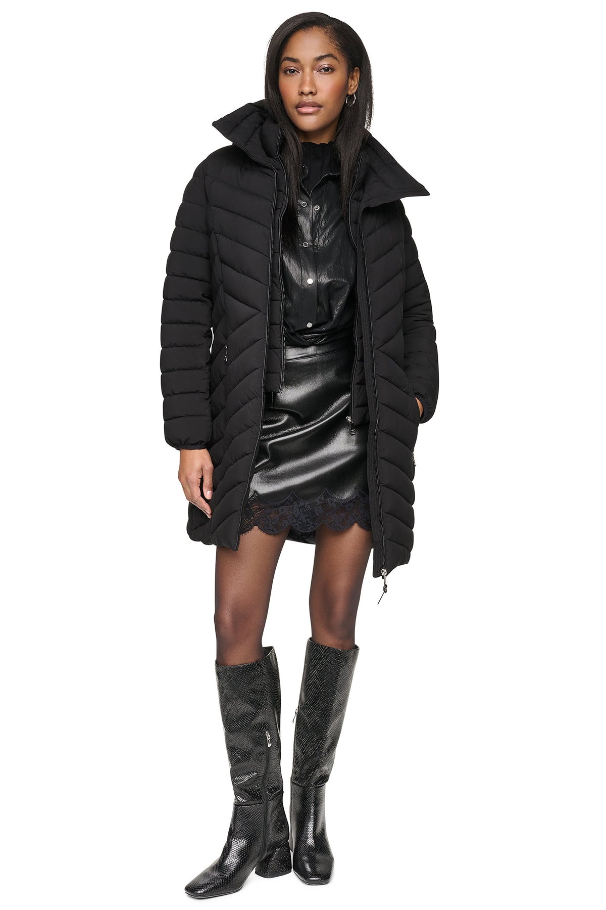 HOODED STAND COLLAR PUFFER - Pearl | DKNY