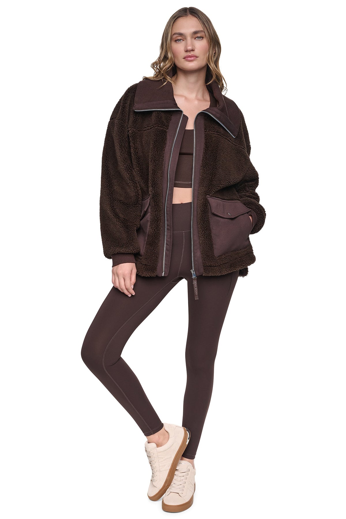 FUNNEL NECK SHERPA JACKET - Espresso/Espresso | DKNY