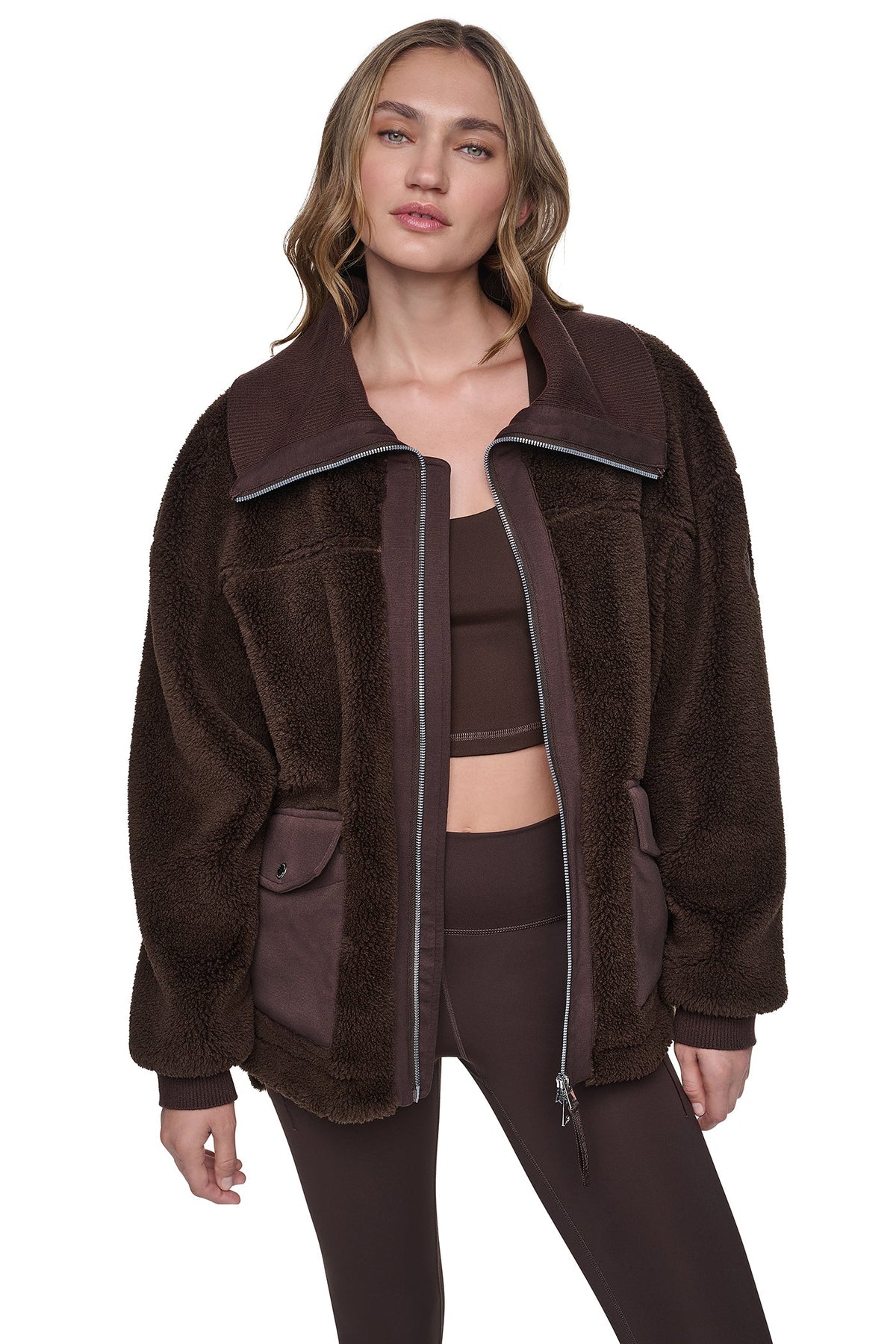 FUNNEL NECK SHERPA JACKET - Espresso/Espresso | DKNY