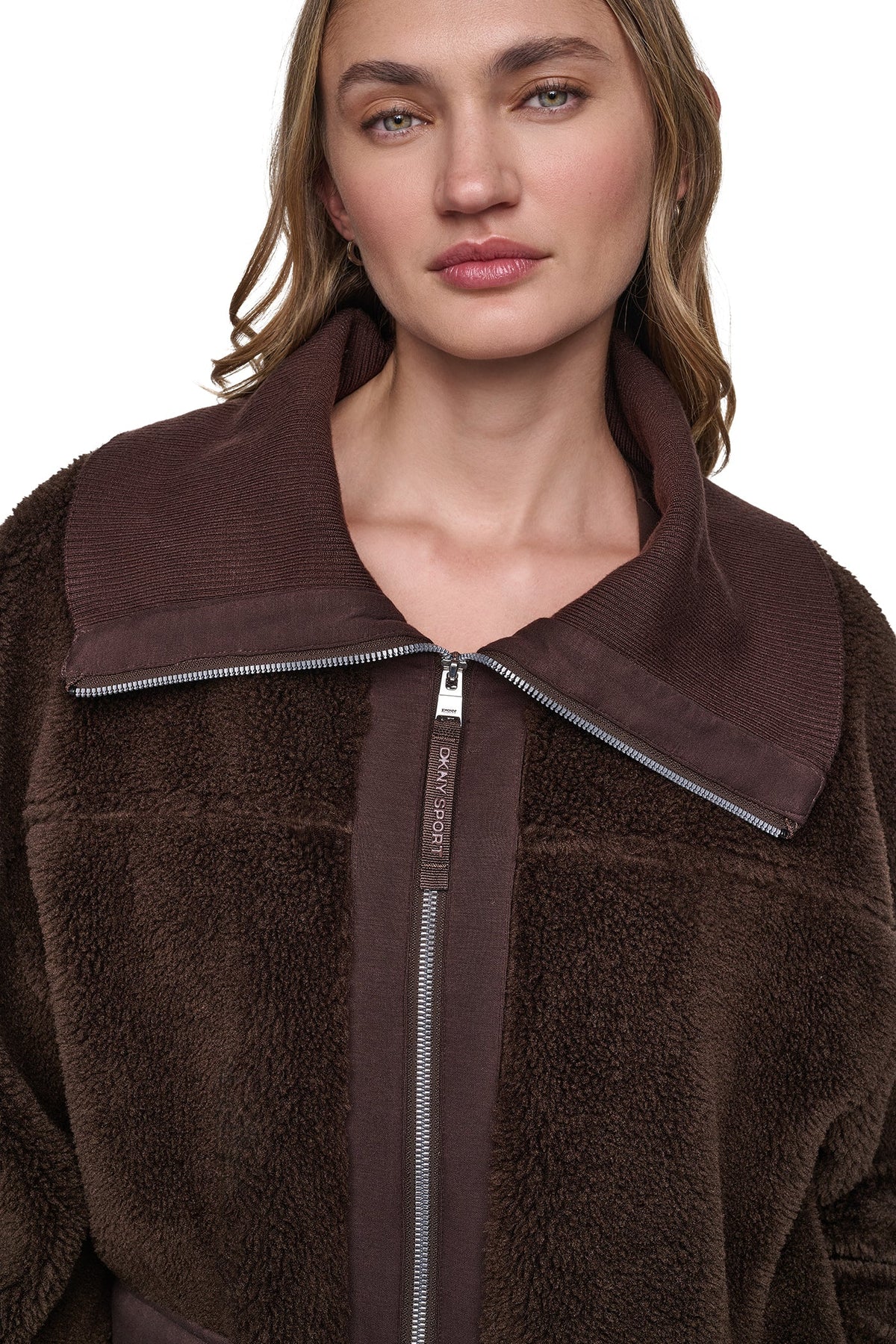 FUNNEL NECK SHERPA JACKET - Espresso/Espresso | DKNY