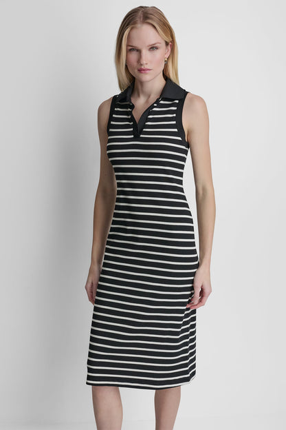 COTTON-BLEND SLEEVELESS MIDI SHIFT DRESS - Black/Ivory | DKNY