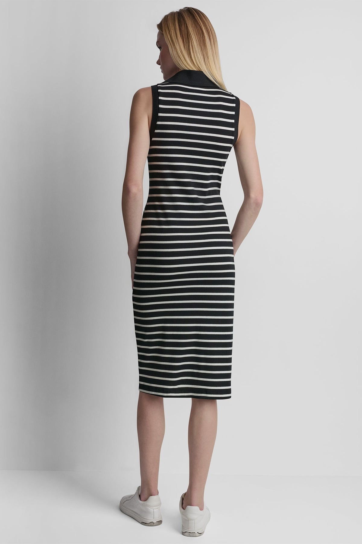 COTTON-BLEND SLEEVELESS MIDI SHIFT DRESS - Black/Ivory | DKNY