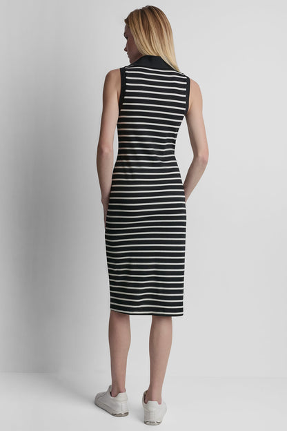 COTTON-BLEND SLEEVELESS MIDI SHIFT DRESS - Black/Ivory | DKNY