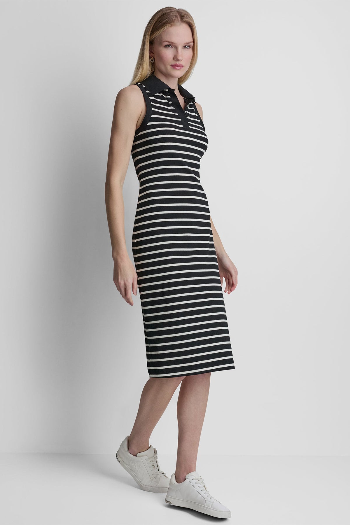 COTTON-BLEND SLEEVELESS MIDI SHIFT DRESS - Black/Ivory | DKNY