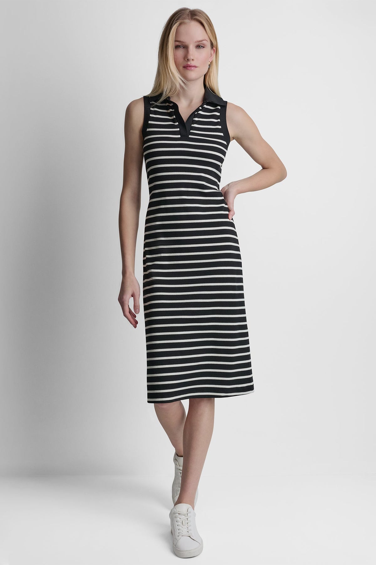 COTTON-BLEND SLEEVELESS MIDI SHIFT DRESS - Black/Ivory | DKNY