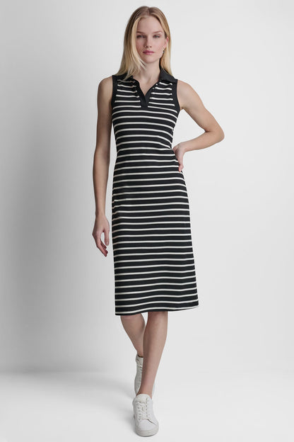 COTTON-BLEND SLEEVELESS MIDI SHIFT DRESS - Black/Ivory | DKNY