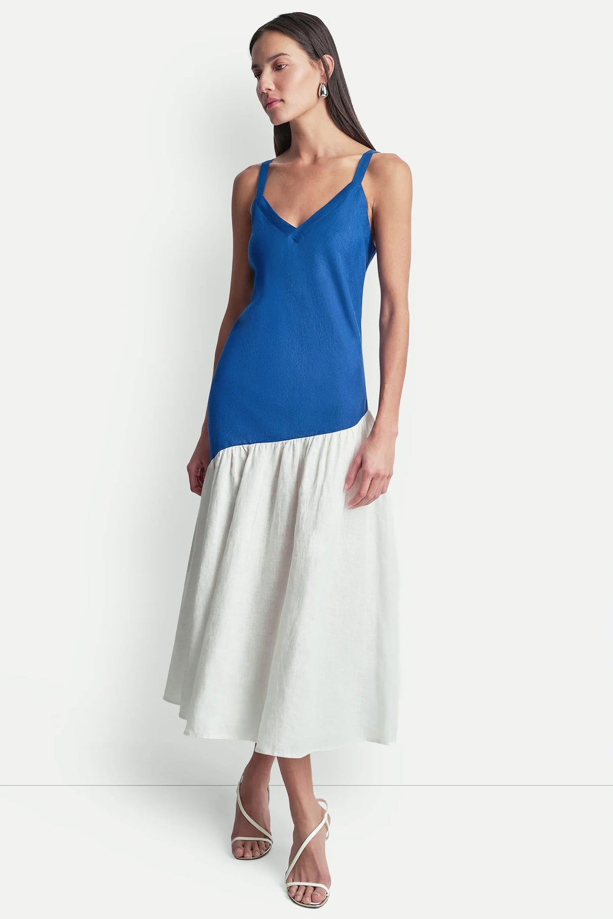 LINEN SLEEVELESS TWO-TONE MIDI DRESS - Admiral/White | DKNY