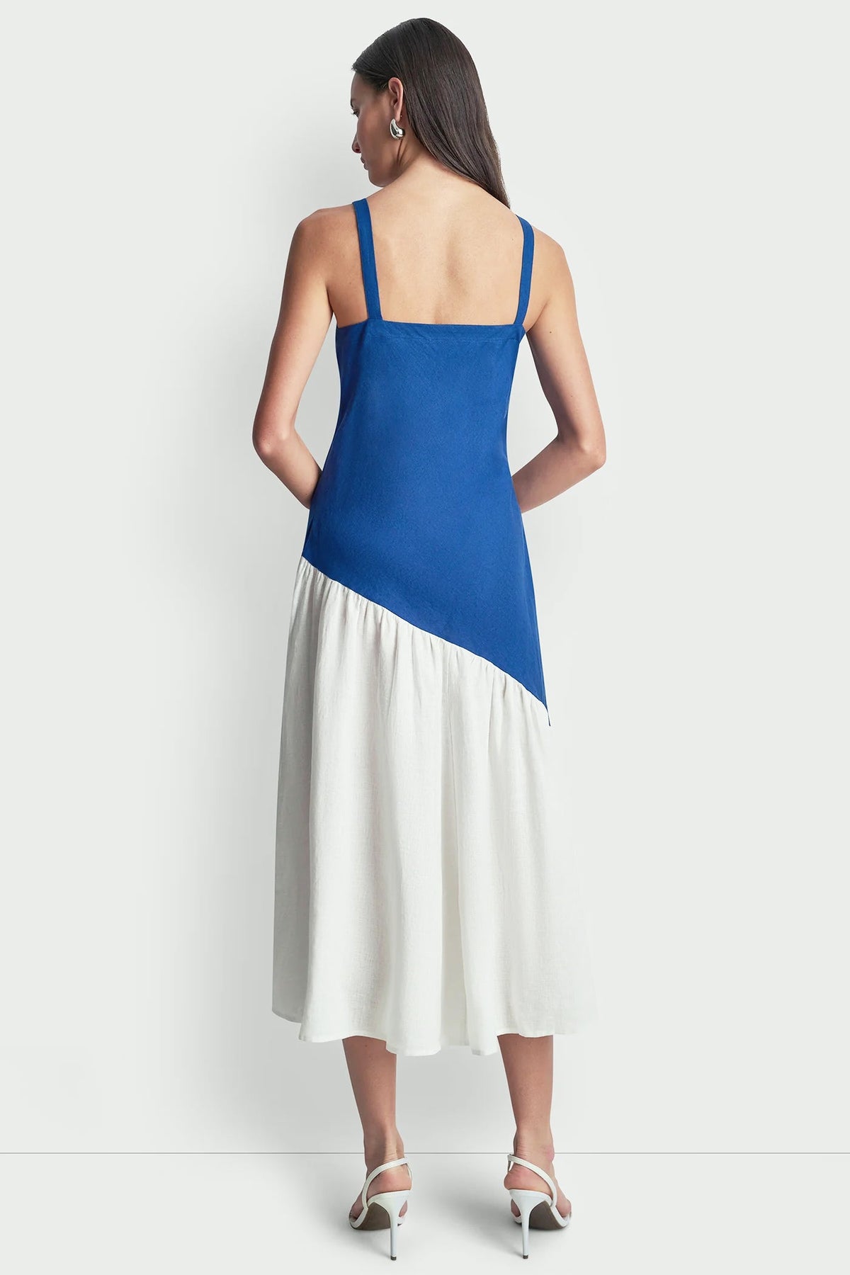LINEN SLEEVELESS TWO-TONE MIDI DRESS - Admiral/White | DKNY