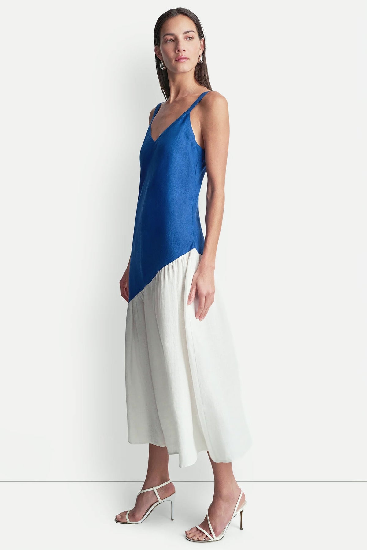 LINEN SLEEVELESS TWO-TONE MIDI DRESS - Admiral/White | DKNY