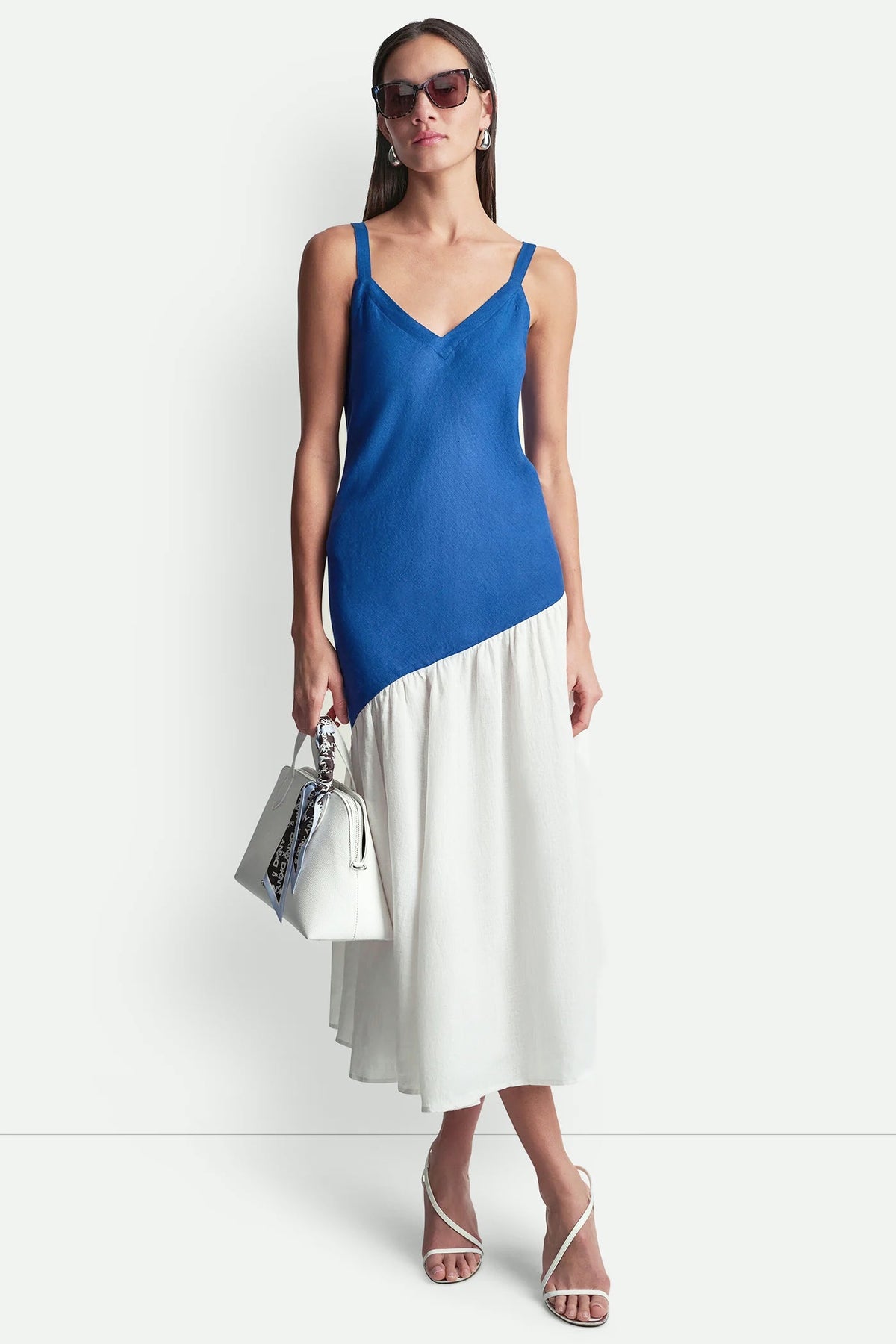 LINEN SLEEVELESS TWO-TONE MIDI DRESS - Admiral/White | DKNY
