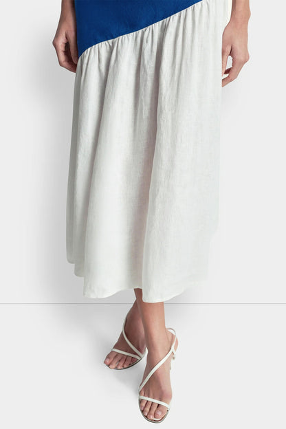 LINEN SLEEVELESS TWO-TONE MIDI DRESS - Admiral/White | DKNY