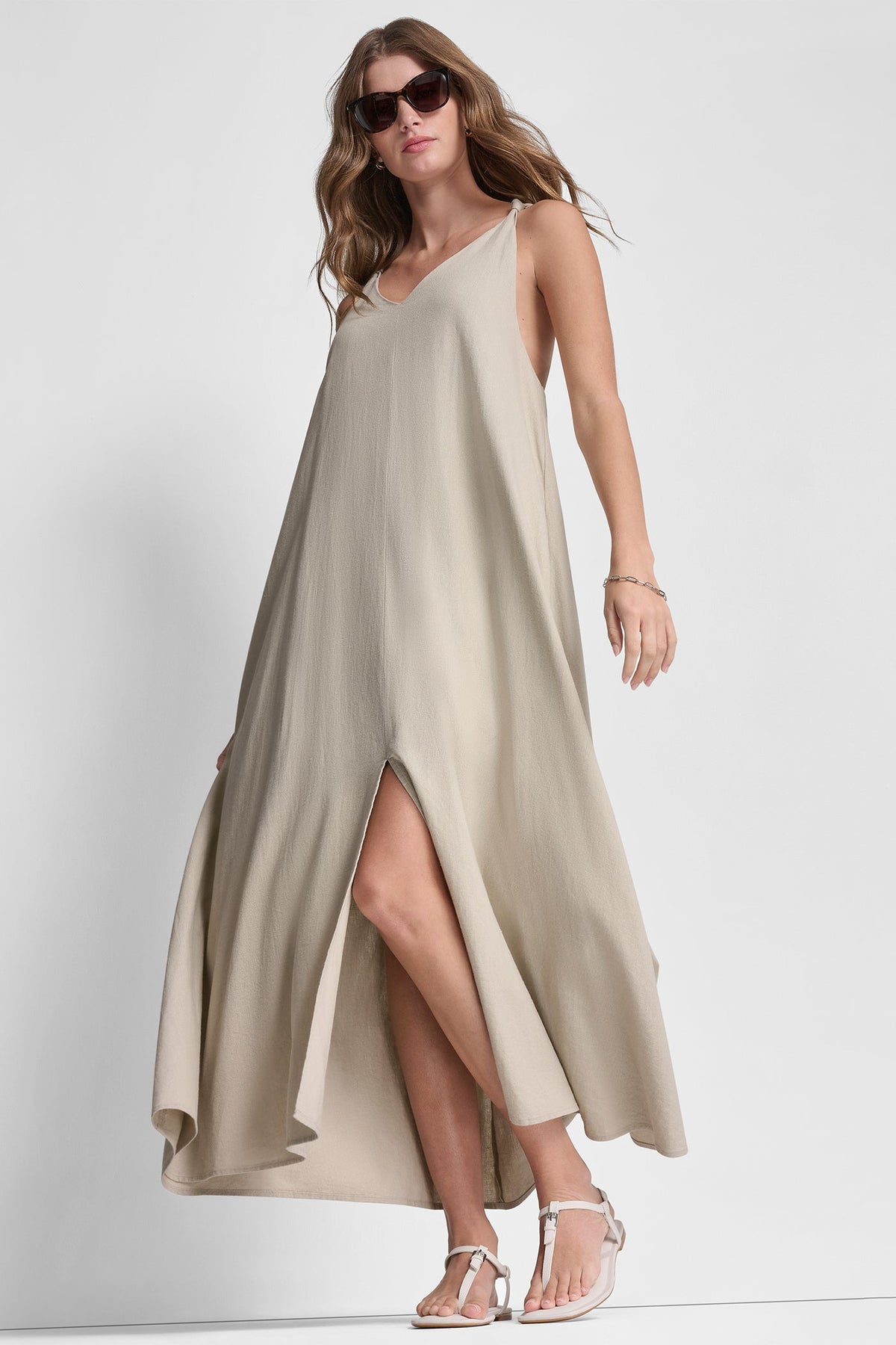 LINEN-BLEND TIE BACK MAXI DRESS - Zebra Eggnog Combo | DKNY