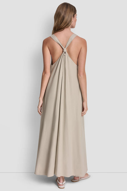 LINEN-BLEND TIE BACK MAXI DRESS - Zebra Eggnog Combo | DKNY