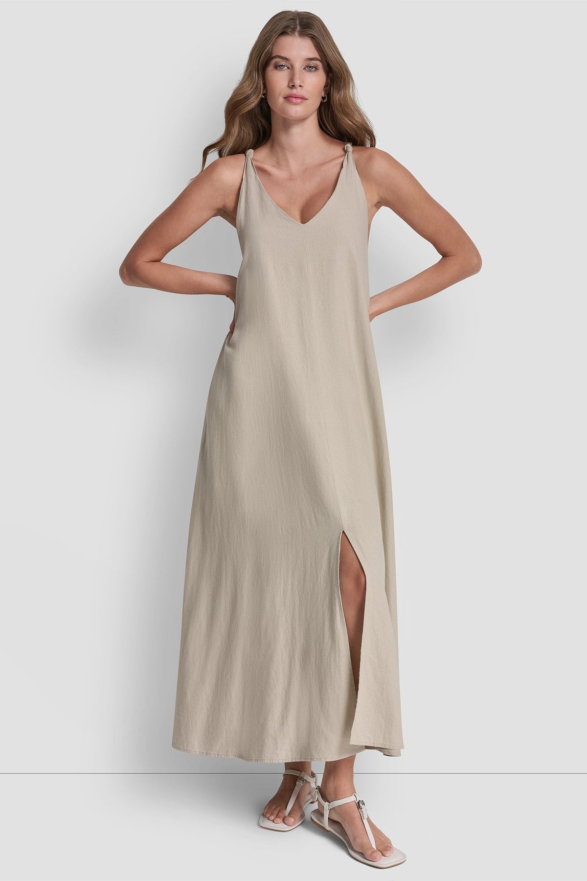 LINEN-BLEND TIE BACK MAXI DRESS - Zebra Eggnog Combo | DKNY
