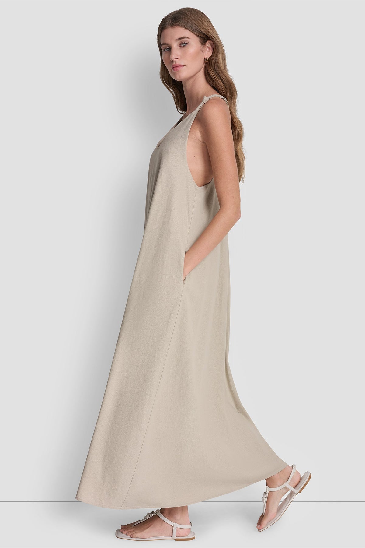 LINEN-BLEND TIE BACK MAXI DRESS - Zebra Eggnog Combo | DKNY