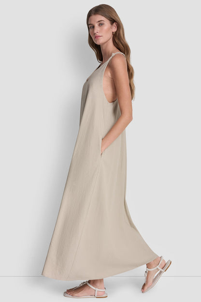 LINEN-BLEND TIE BACK MAXI DRESS - Zebra Eggnog Combo | DKNY