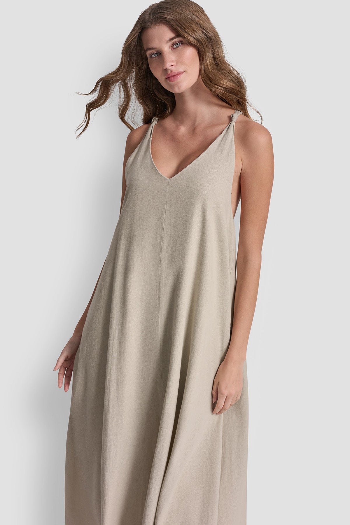 LINEN-BLEND TIE BACK MAXI DRESS - Zebra Eggnog Combo | DKNY