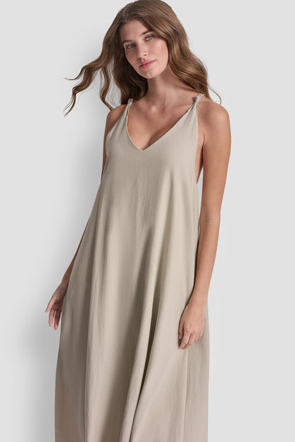 LINEN-BLEND TIE BACK MAXI DRESS - Zebra Eggnog Combo | DKNY