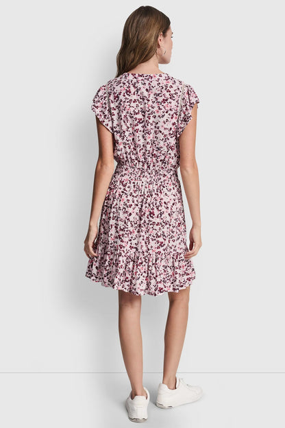 SMOCKED WAIST V-NECK DRESS - Petit Fleur Sunkissed | DKNY