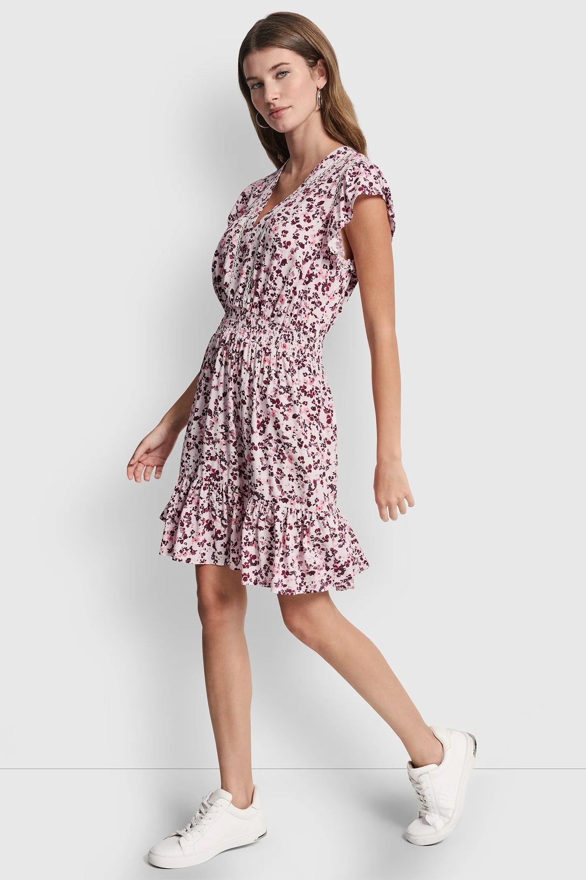 SMOCKED WAIST V-NECK DRESS - Petit Fleur Sunkissed | DKNY
