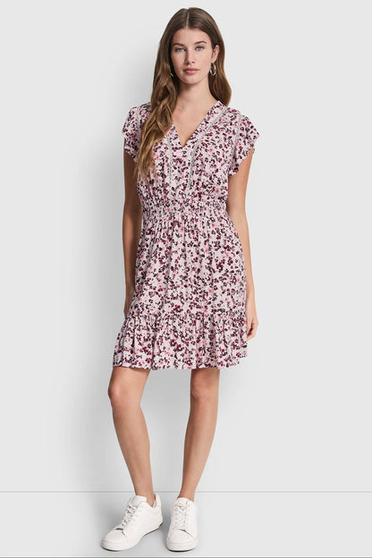 SMOCKED WAIST V-NECK DRESS - Petit Fleur Sunkissed | DKNY