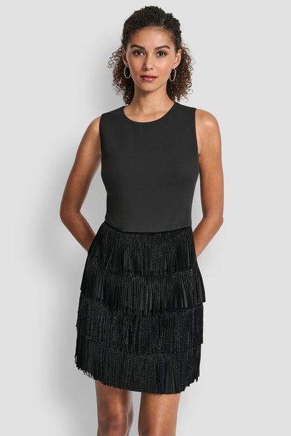 SLEEVELESS SHIFT DRESS WITH TIERED SKIRT - Black | DKNY