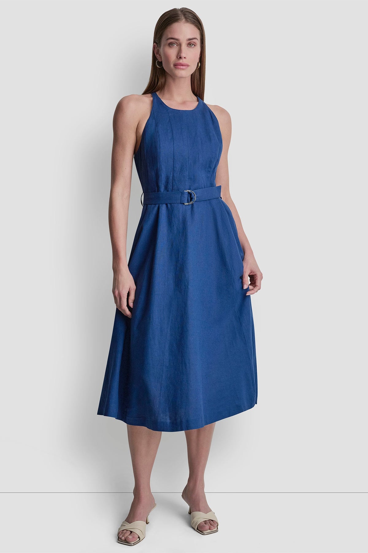 LINEN-BLEND SLEEVELESS MIDI DRESS - Admiral | DKNY