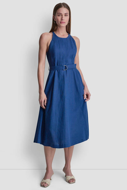 LINEN-BLEND SLEEVELESS MIDI DRESS - Admiral | DKNY