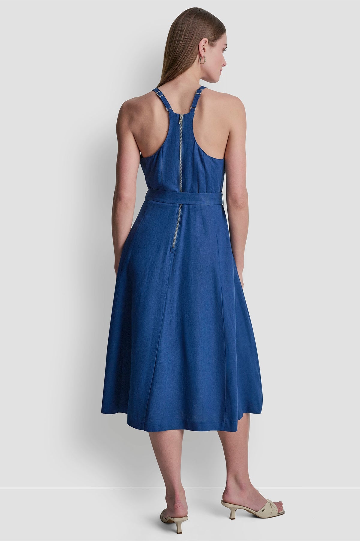 LINEN-BLEND SLEEVELESS MIDI DRESS - Admiral | DKNY