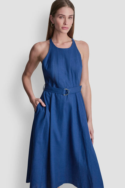 LINEN-BLEND SLEEVELESS MIDI DRESS - Admiral | DKNY