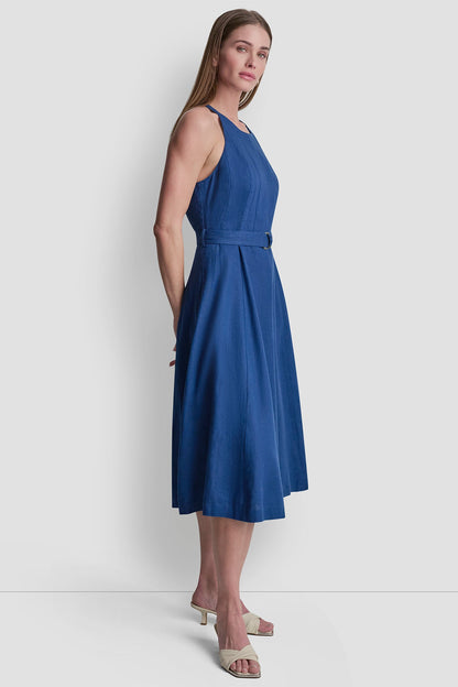 LINEN-BLEND SLEEVELESS MIDI DRESS - Admiral | DKNY
