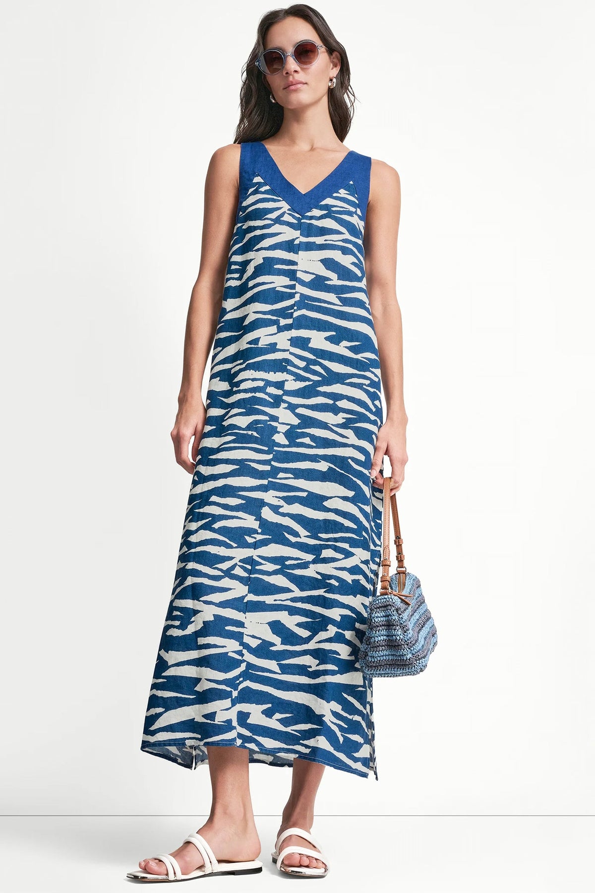 LINEN SLEEVELESS COLOR-BLOCK MIDI DRESS - Tidal Break/Admiral | DKNY